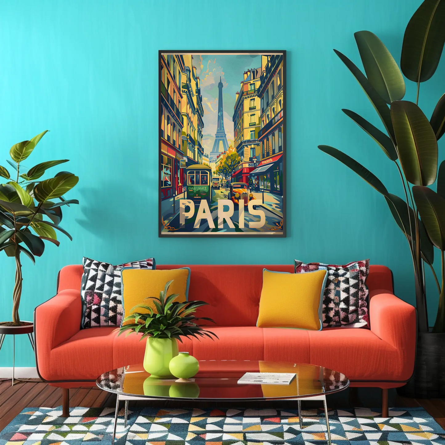 Vibrant Parisian Street Eiffel View Vintage Travel Poster