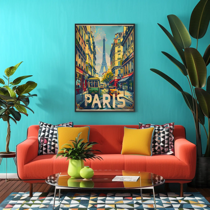 Vibrant Parisian Street Eiffel View Vintage Travel Poster