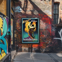Kellar's Golden Butterfly Vintage Theatrical Poster displayed on a brick wall, showcasing vintage theater magic and artistry.