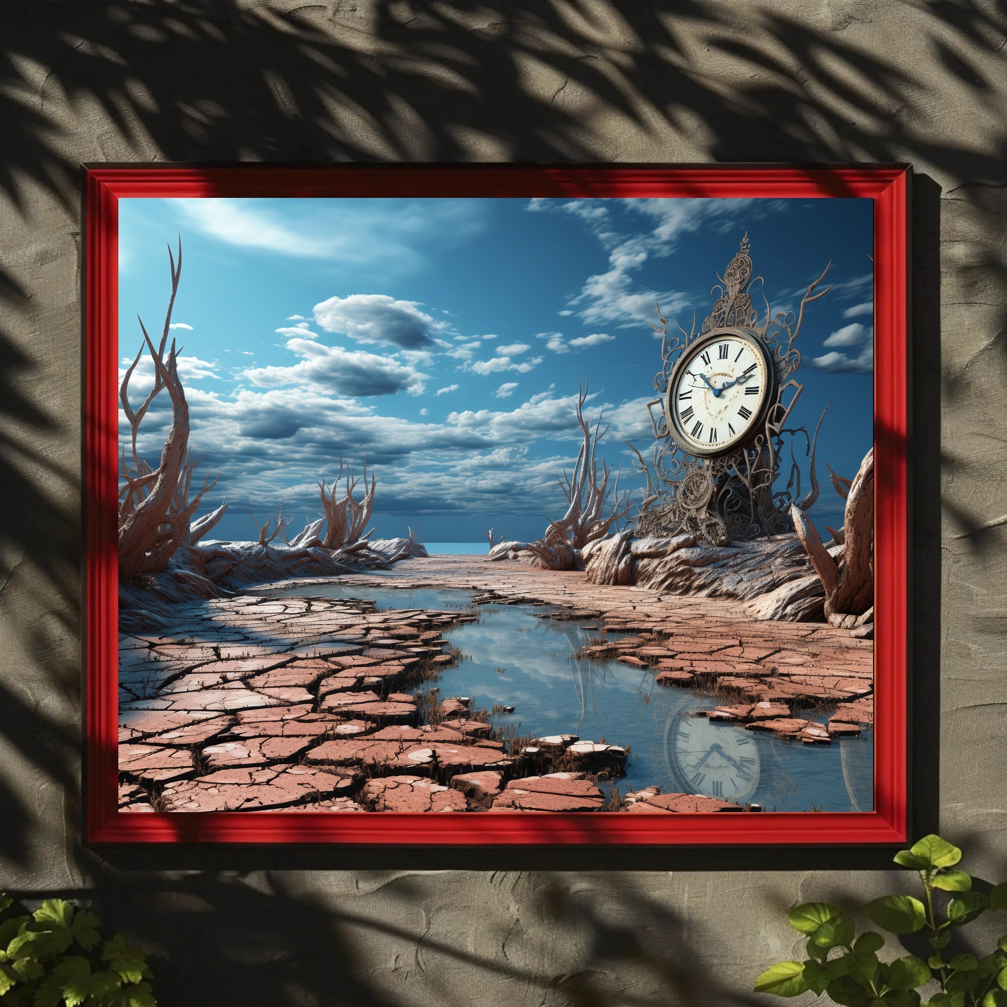 Surrealistic Timepiece in Arid Dreamscape Artistic Poster