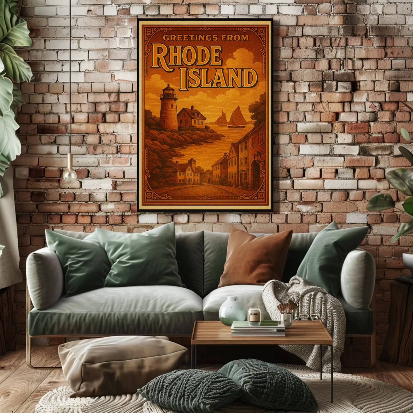 Greetings From Rhode Island Coastal Vintage Lighthouse Travel Poster Travel Poster
