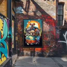 Whimsical Bulldogs in Retro Van Art Poster