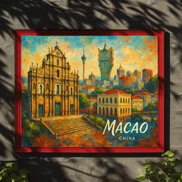 Macao Cityscape Vibrant Night View Digital Painting Poster
