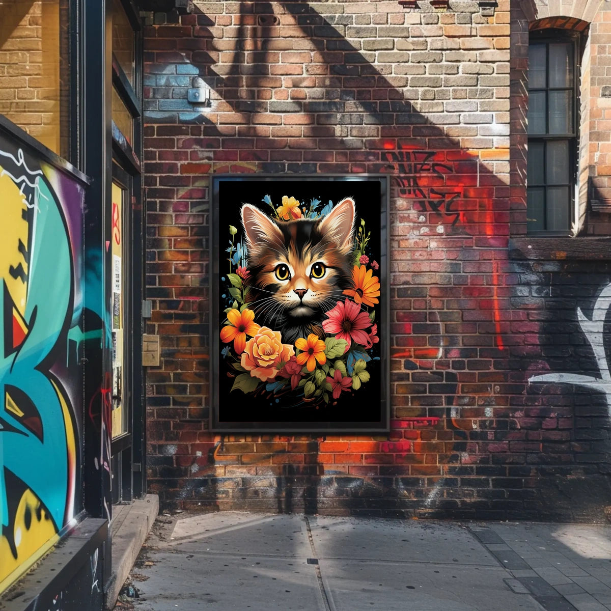 Charming Cat and Flowers Modern Art Poster