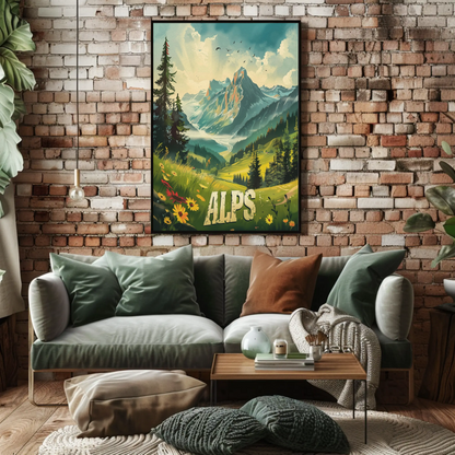 Alps Mountain Meadow Light Rays Forest Travel Poster