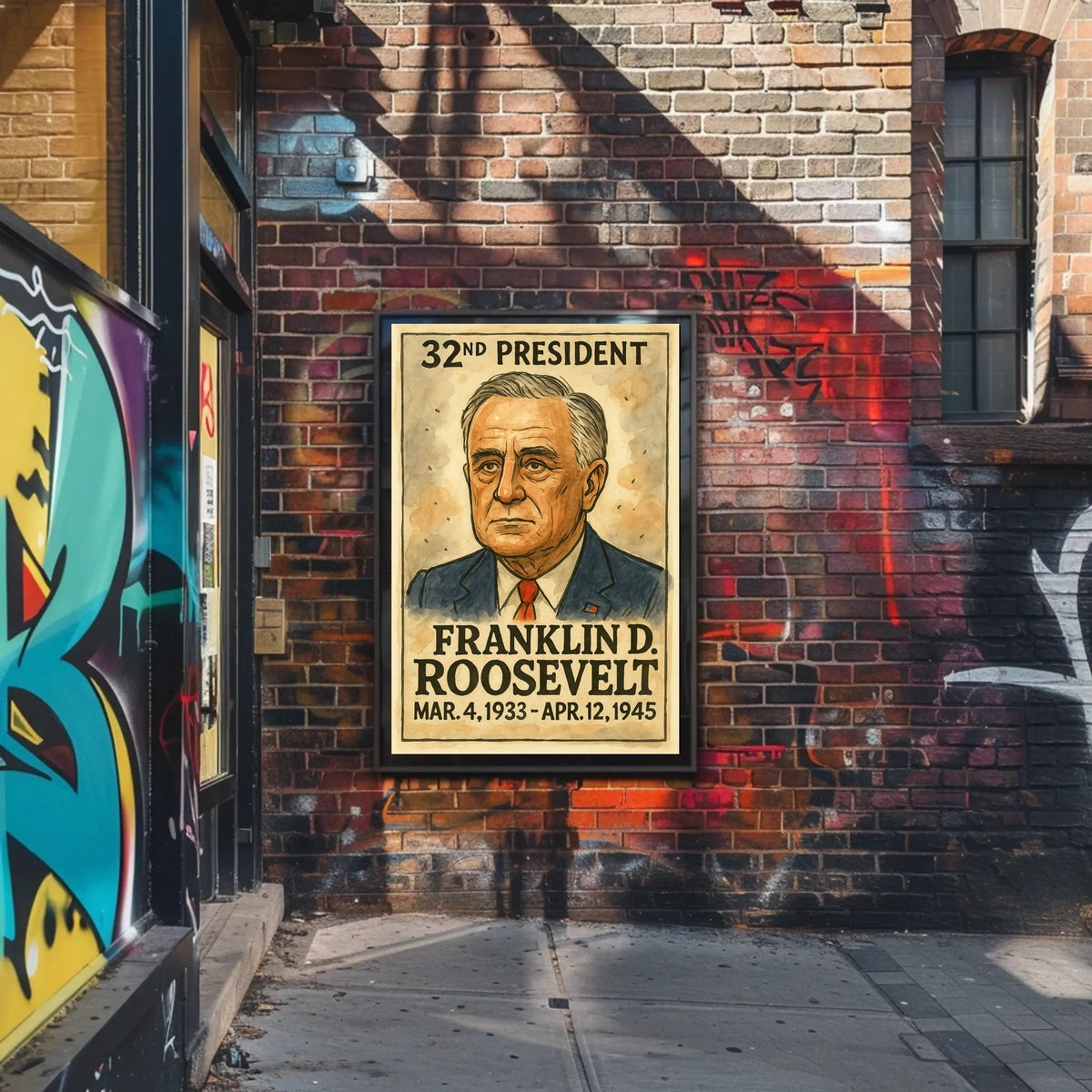 Franklin D. Roosevelt 32nd President of the United States Exaggerated Cartoon Sketch Poster