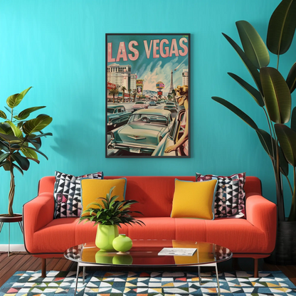Las Vegas Strip Cars Neon Lights Vintage Travel Poster
