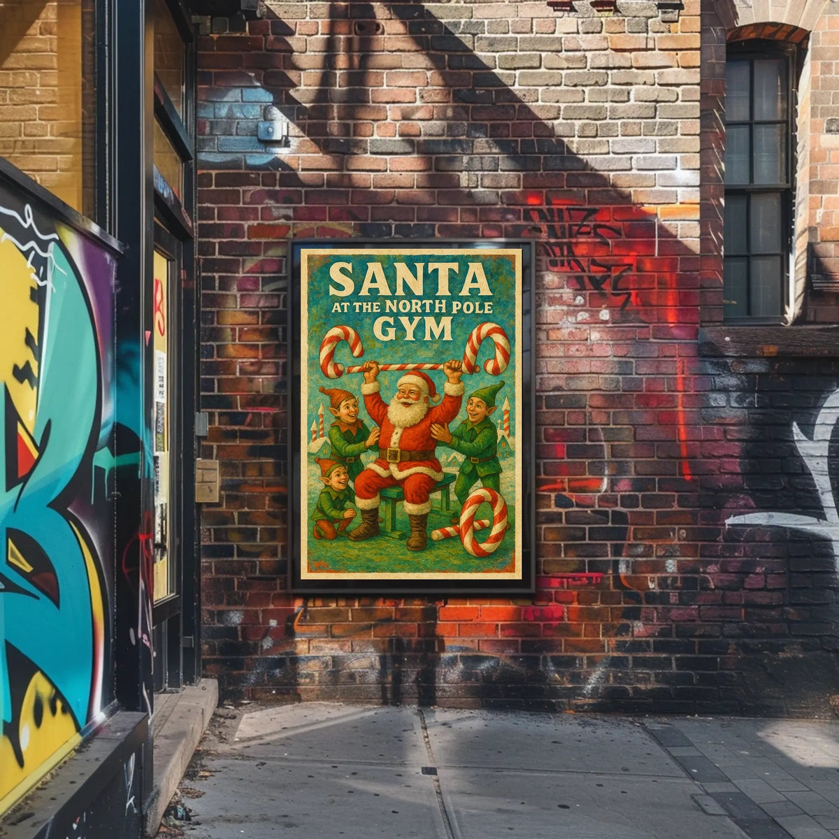 Santa's Whimsical Workout Festive Pop Culture Poster