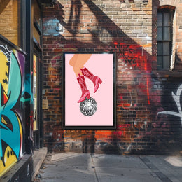 Retro Cowboy Boots Disco Ball Pop Culture Poster PosterGoat