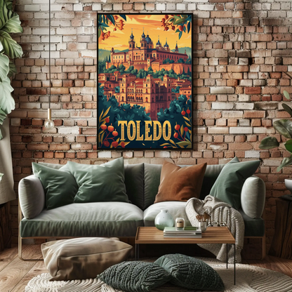 Toledo Sunset Cathedral Hill City Travel Poster