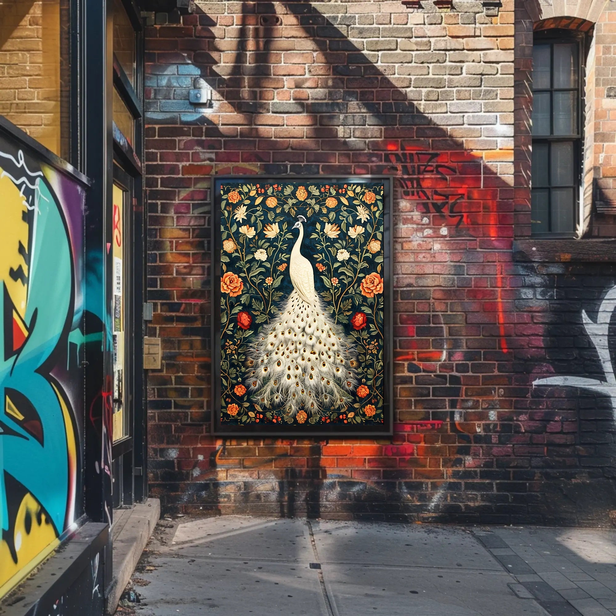 Exquisite White Peacock Among Floral Splendor - Artistic Poster