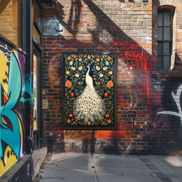 Exquisite White Peacock Among Floral Splendor - Artistic Poster