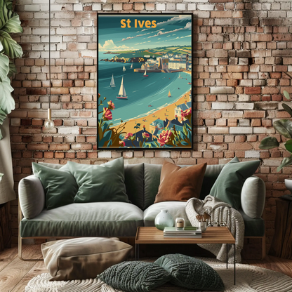 St Ives Cornwall Coastline Sailboats Flowers Travel Poster