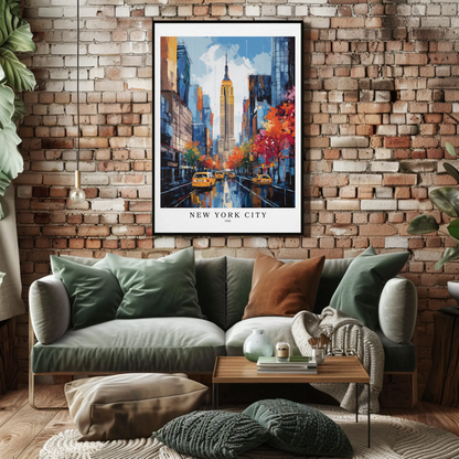 New York City Fall Taxis Empire State Building Travel Poster
