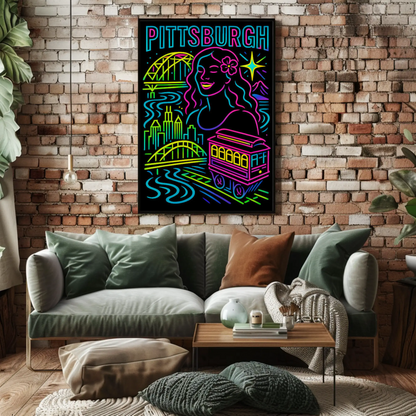 Pittsburgh Neon Bridge Trolley Skyline Travel Poster