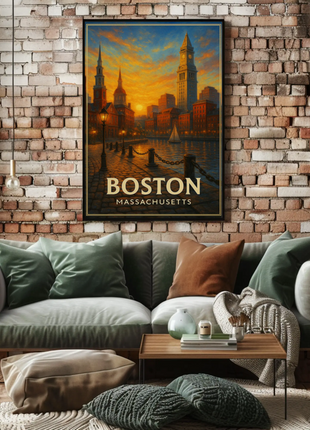 Boston Massachusetts Cobblestone Harbor Sunset Travel Poster