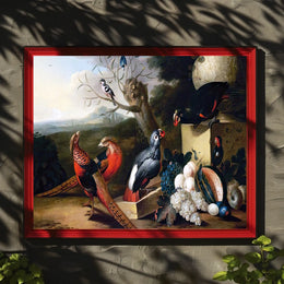 Vibrant Birds and Fruits Artistic Still Life Poster