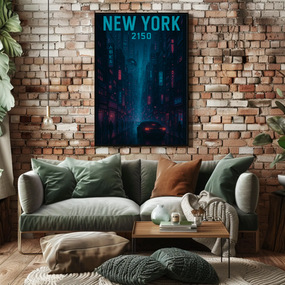 New York Cyberpunk Night Streets 2150 Vintage Travel Poster