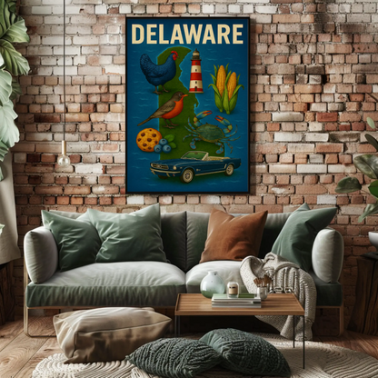 Delaware State Symbols Chicken Mustang Crab Travel Poster