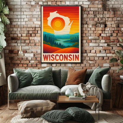 Wisconsin Sunset Nature River Forest Outline Scenic Travel Poster
