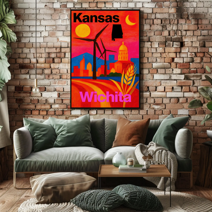 Wichita Kansas Windmills Capitol Landscape Travel Poster