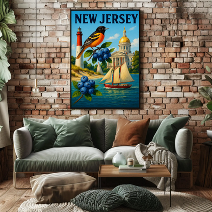 New Jersey State Symbols Blueberries Sailboat Bird Travel Poster Travel Poster