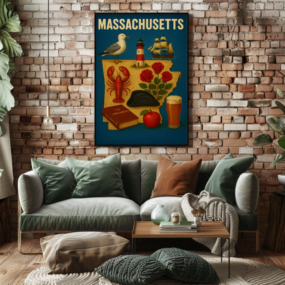Massachusetts Symbols Map Lobster Ship Hat Poster