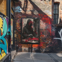 Mysterious Hooded Figure in Grayscale Artistic Poster PosterGoat