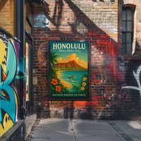 Honolulu Vintage Paradise Travel Poster Illustration