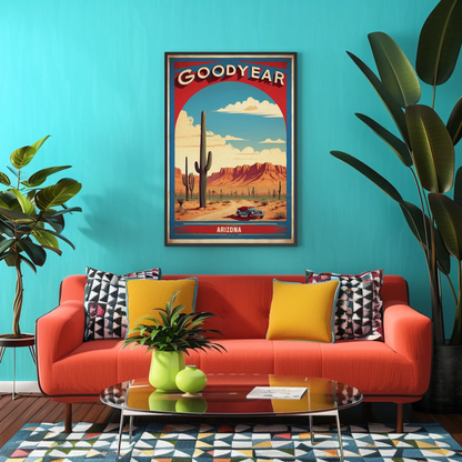 Goodyear Arizona Desert Roadster Mountains Vintage Travel Poster