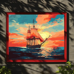 Vintage Sailing Ship at Vibrant Sunset Poster