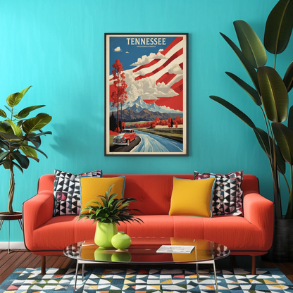 Tennessee Mountains Road Classic Car Vintage Travel Poster