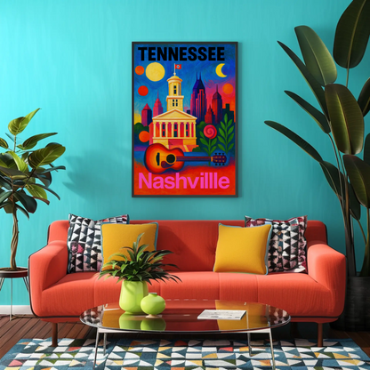 Tennessee Nashville Capitol Guitar Music City Vintage Travel Poster