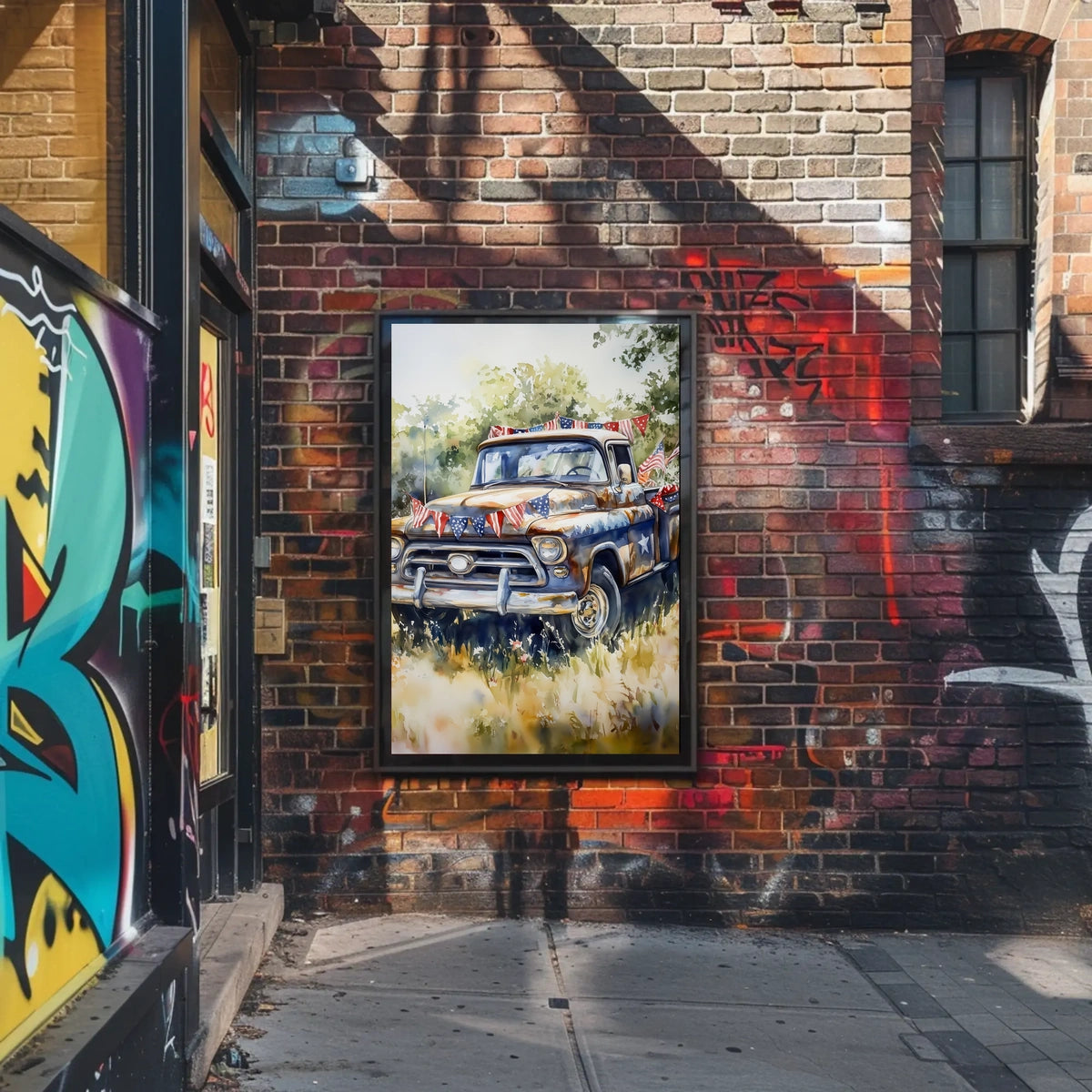 pickup truck parked in a sunny field Poster