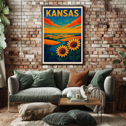 Kansas Sunflowers Prairie Horizon River Travel Poster