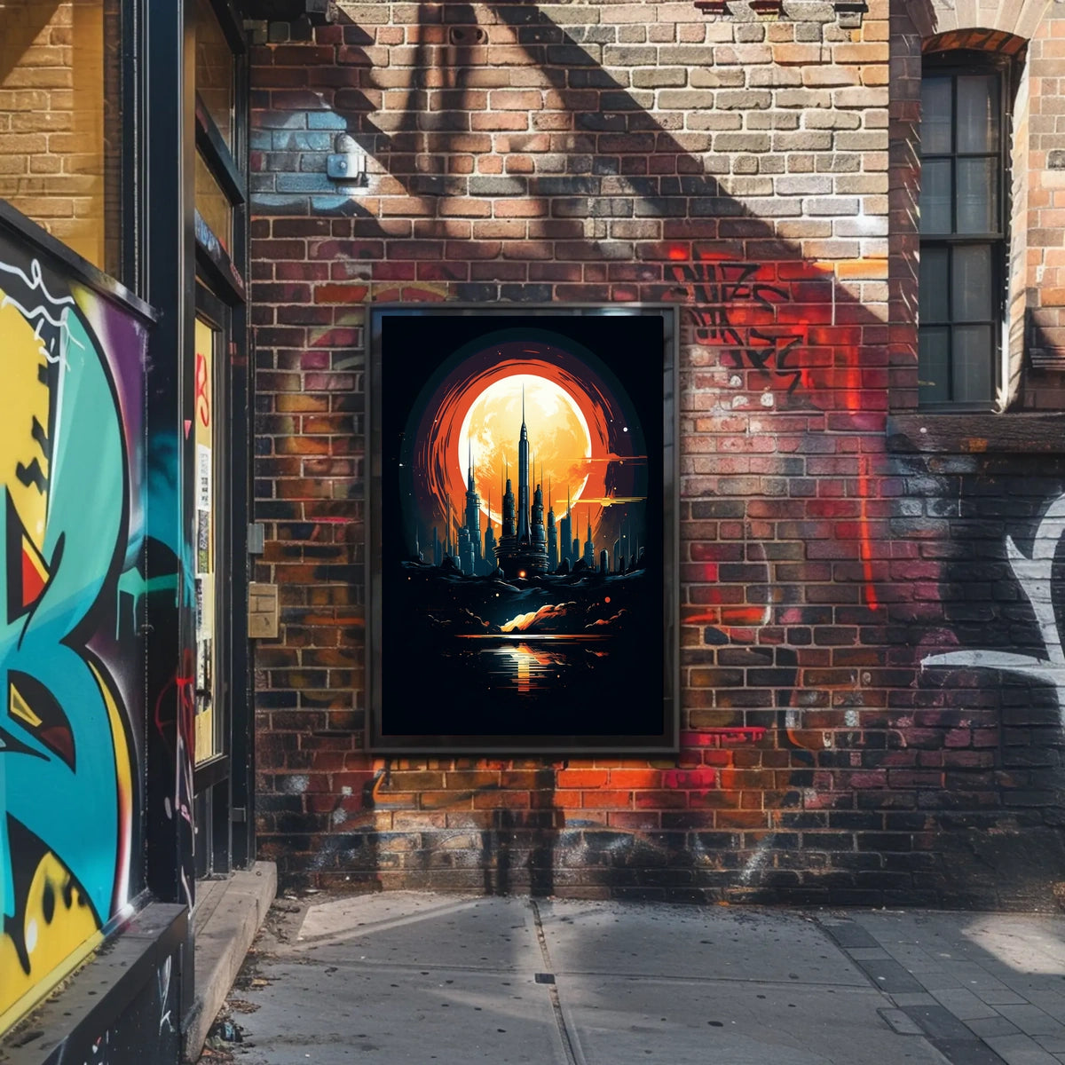 Futuristic Cityscape Under a Full Moon Poster