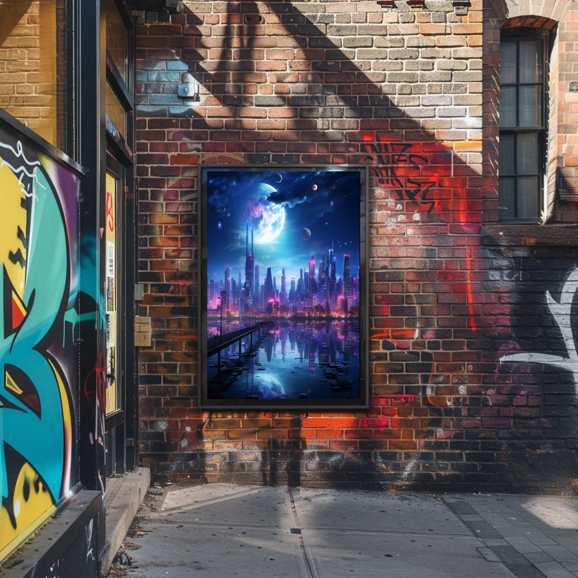 Neon Cityscape Under A Cosmic Sky Poster