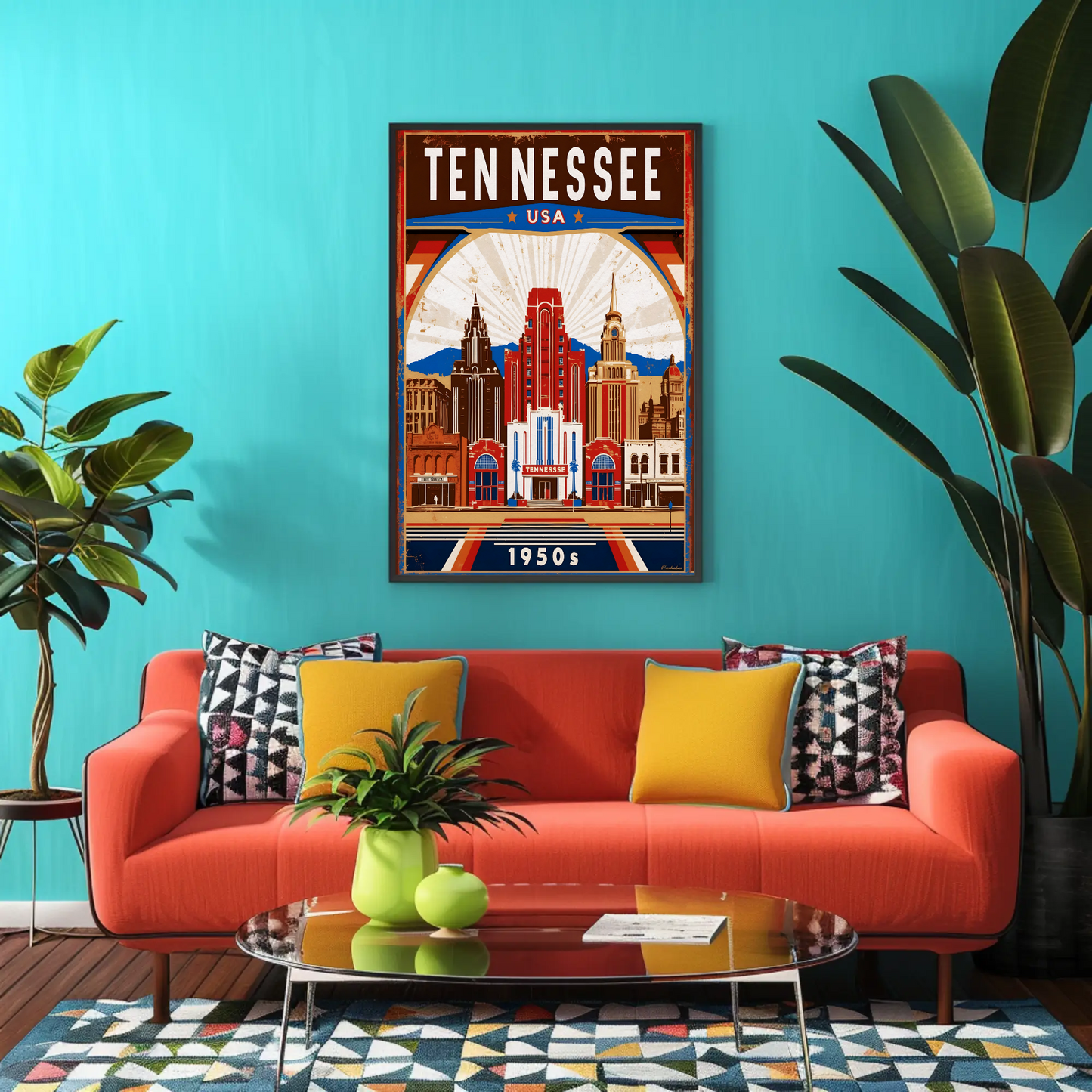 Tennessee USA 1950s Music City Skyline Travel Poster