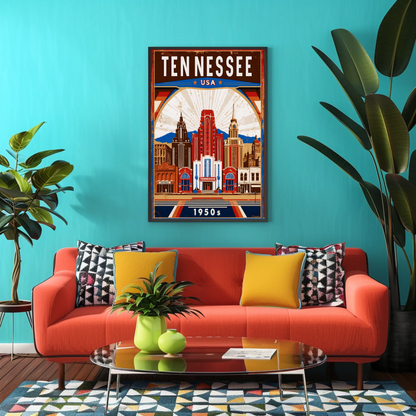 Tennessee USA 1950s Music City Skyline Travel Poster