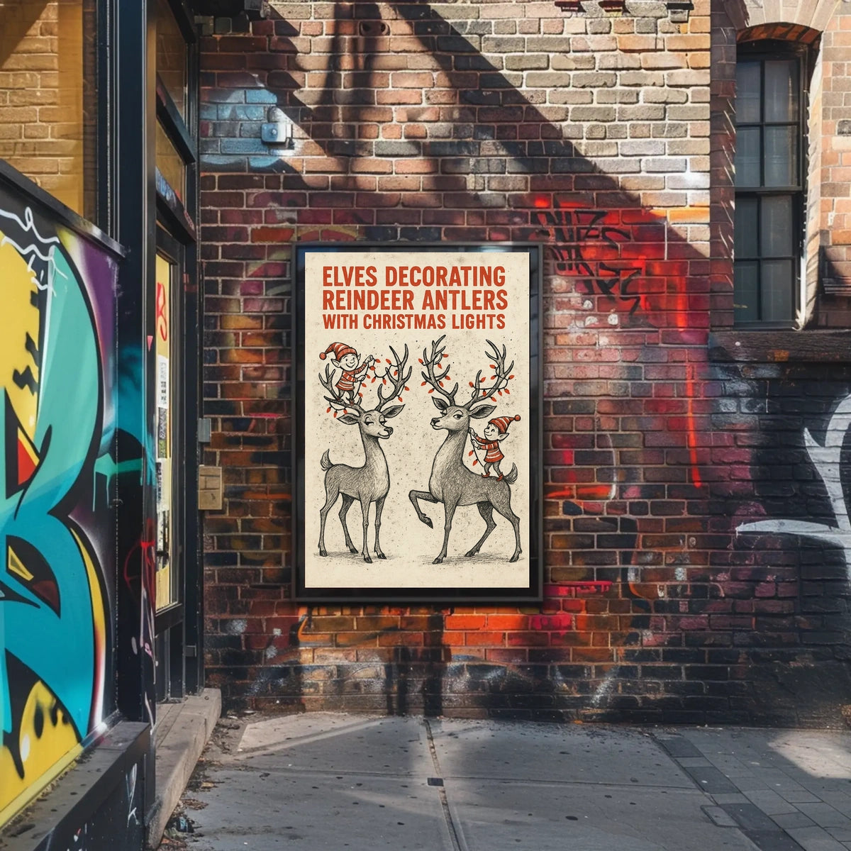Elves Decorating Reindeer Antlers Poster