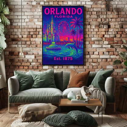 Orlando Florida Castle Ferris Dolphin Neon Travel Poster