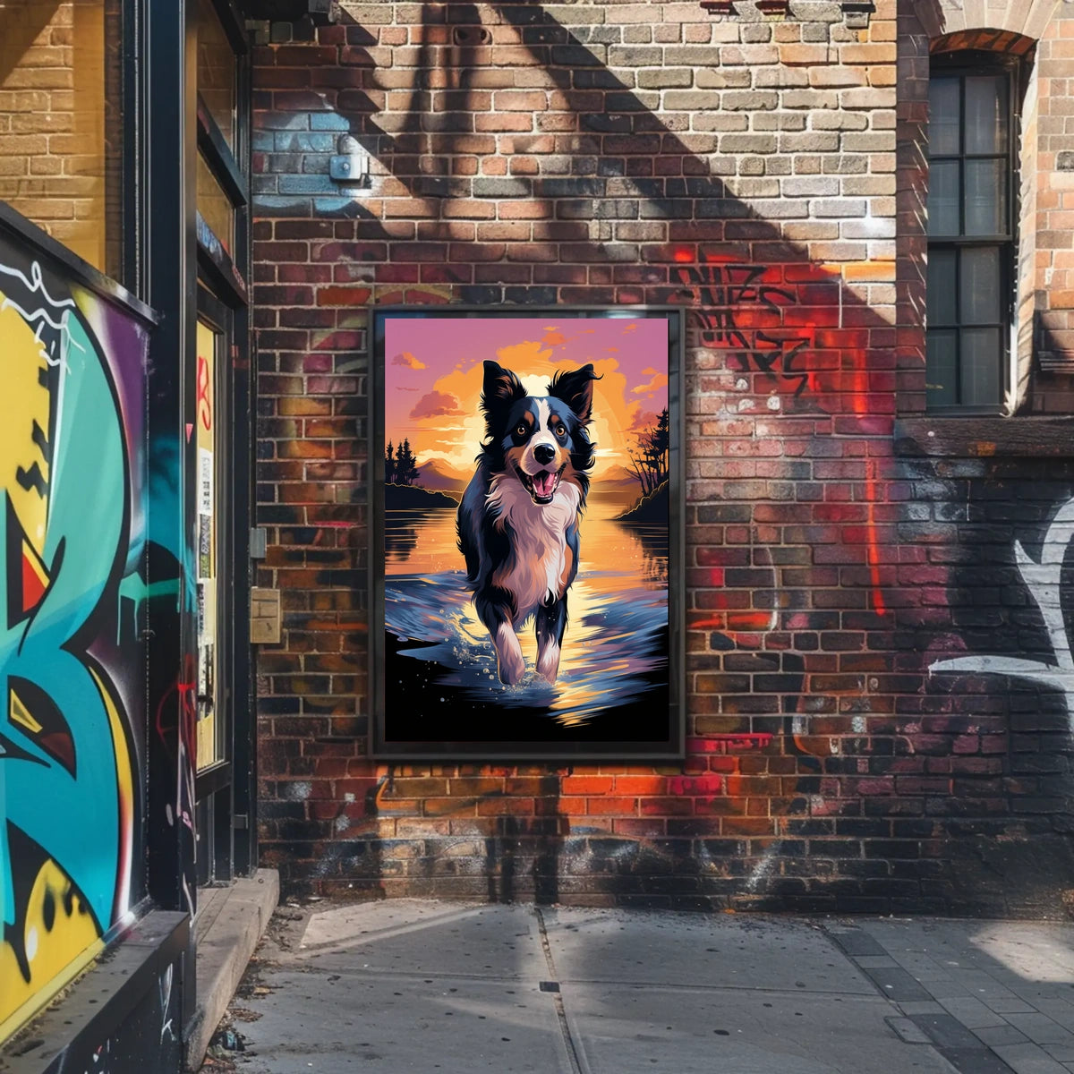 Cheerful Dog at Sunset Landscape Artistic Animal Poster