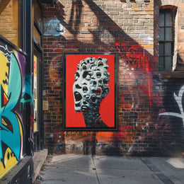Surreal Faces Collage Poster: Red Background Art PosterGoat