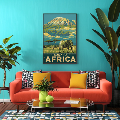 Tanzania Africa Elephant Kilimanjaro Safari Vintage Travel Poster