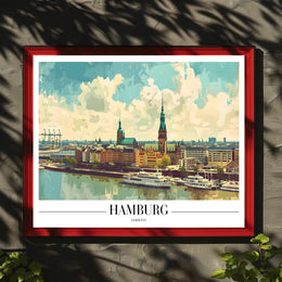Scenic Hamburg Harbour Vibrant Illustration Urban or Cityscape Poster