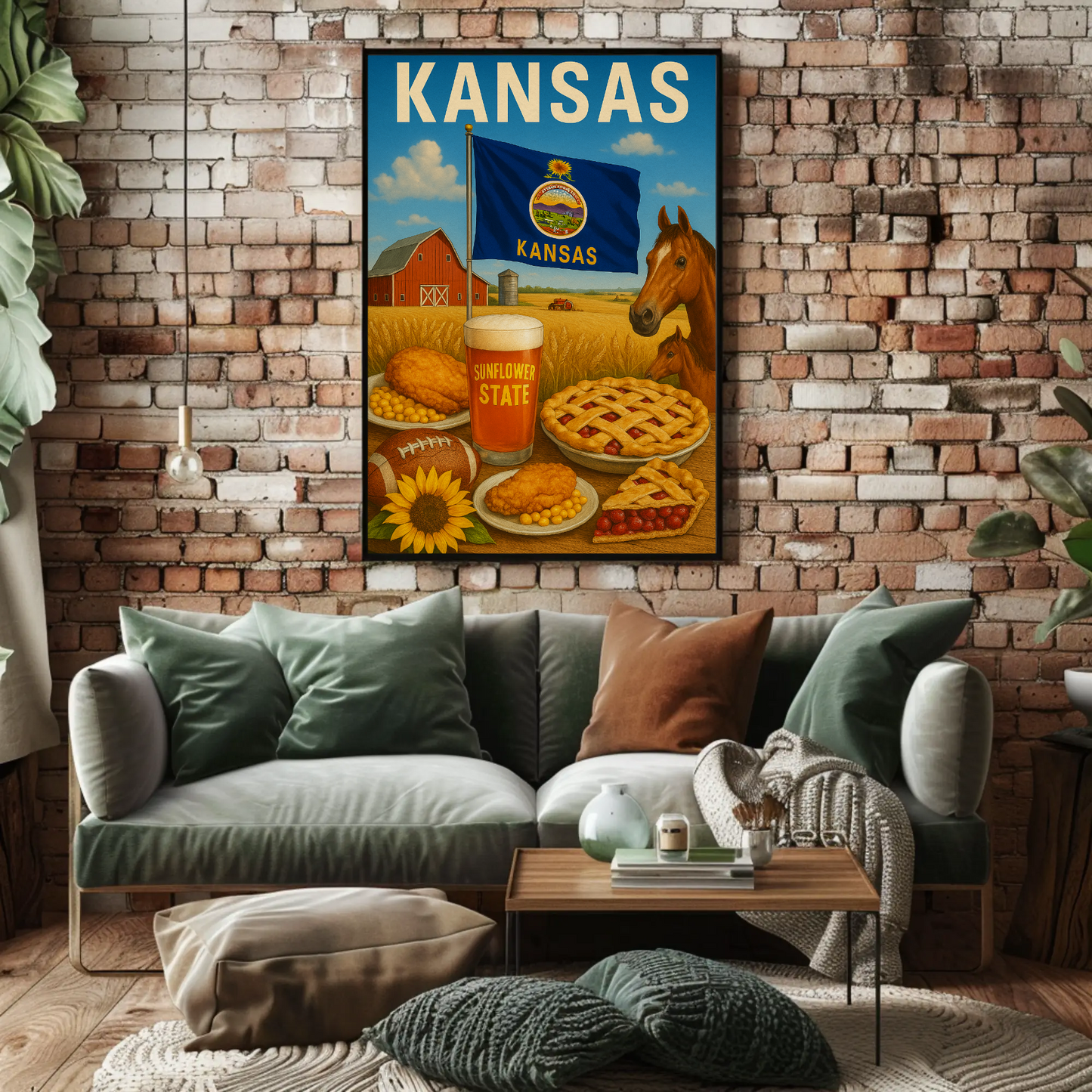 Kansas Farm Horse Pie Sunflower Beer Flag Travel Poster