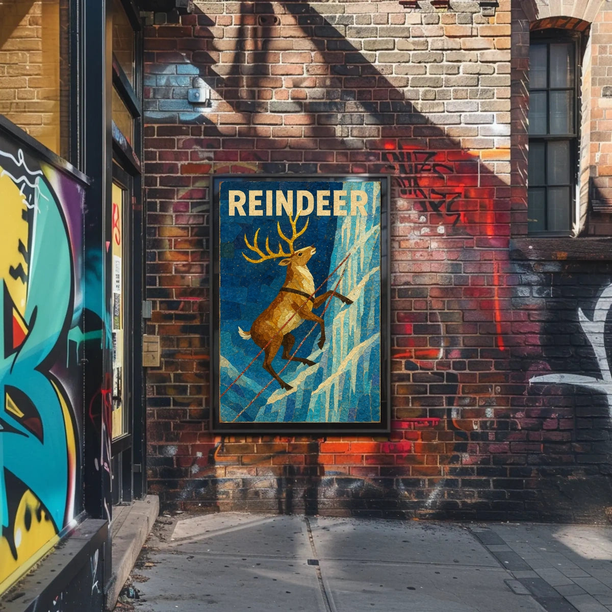 Reindeer Adventure on Icy Cliff Animal Poster