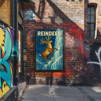 Reindeer Adventure on Icy Cliff Animal Poster