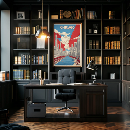 Chicago River Skyline Classic Scene Vintage Travel Poster