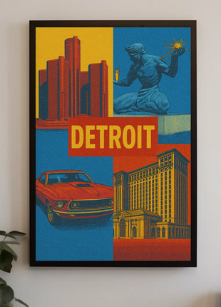 Detroit Landmarks and Muscle Car Cultural Heritage Poster